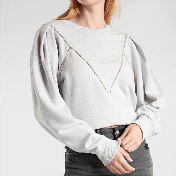 Express Rhinestone Embellished V-Neck Sweatshirt w/ Puff Sleeves - Picture 1 of 9